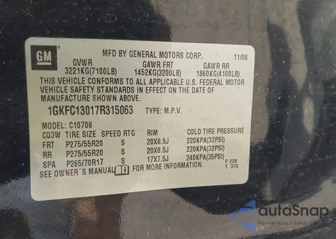 2007 GMC Yukon Sle z USA, uszkodzony, nr VIN 1GKFC13017R315063